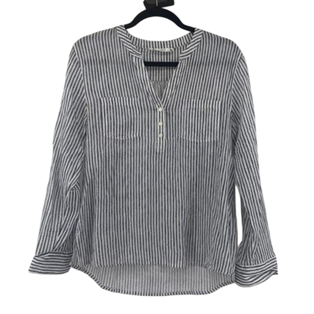 Carve Designs Navy / white striped lightweight blouse Roll Tab Long Sleeves